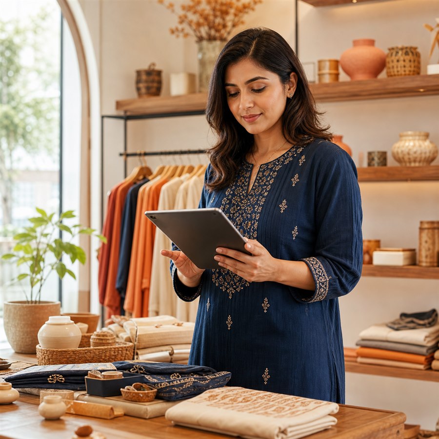 Boutique business owner using a tablet in her shop